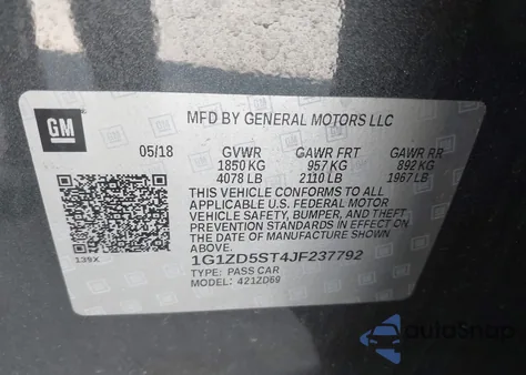 2018 Chevrolet Malibu Lt z USA, uszkodzony, nr VIN 1G1ZD5ST4JF237792